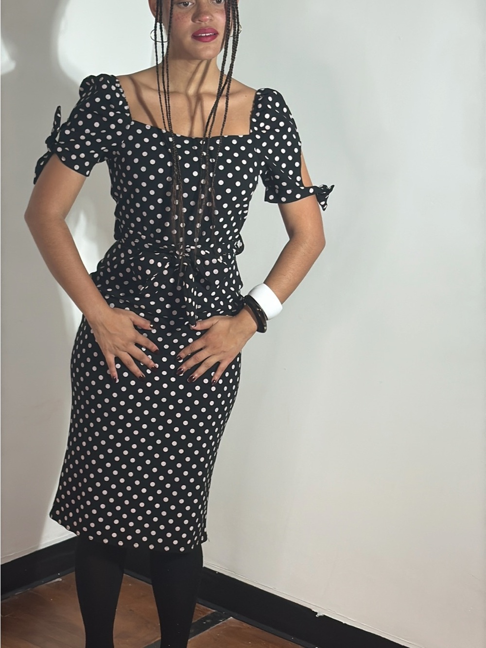 Navy Blue & White Polka Dot Square-Neck Midi Dress